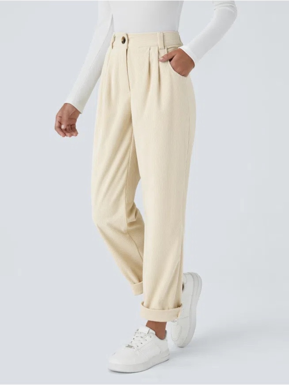 HALARA High Waisted Corduroy Pleated Straight Pants Cream Relaxed Trousers